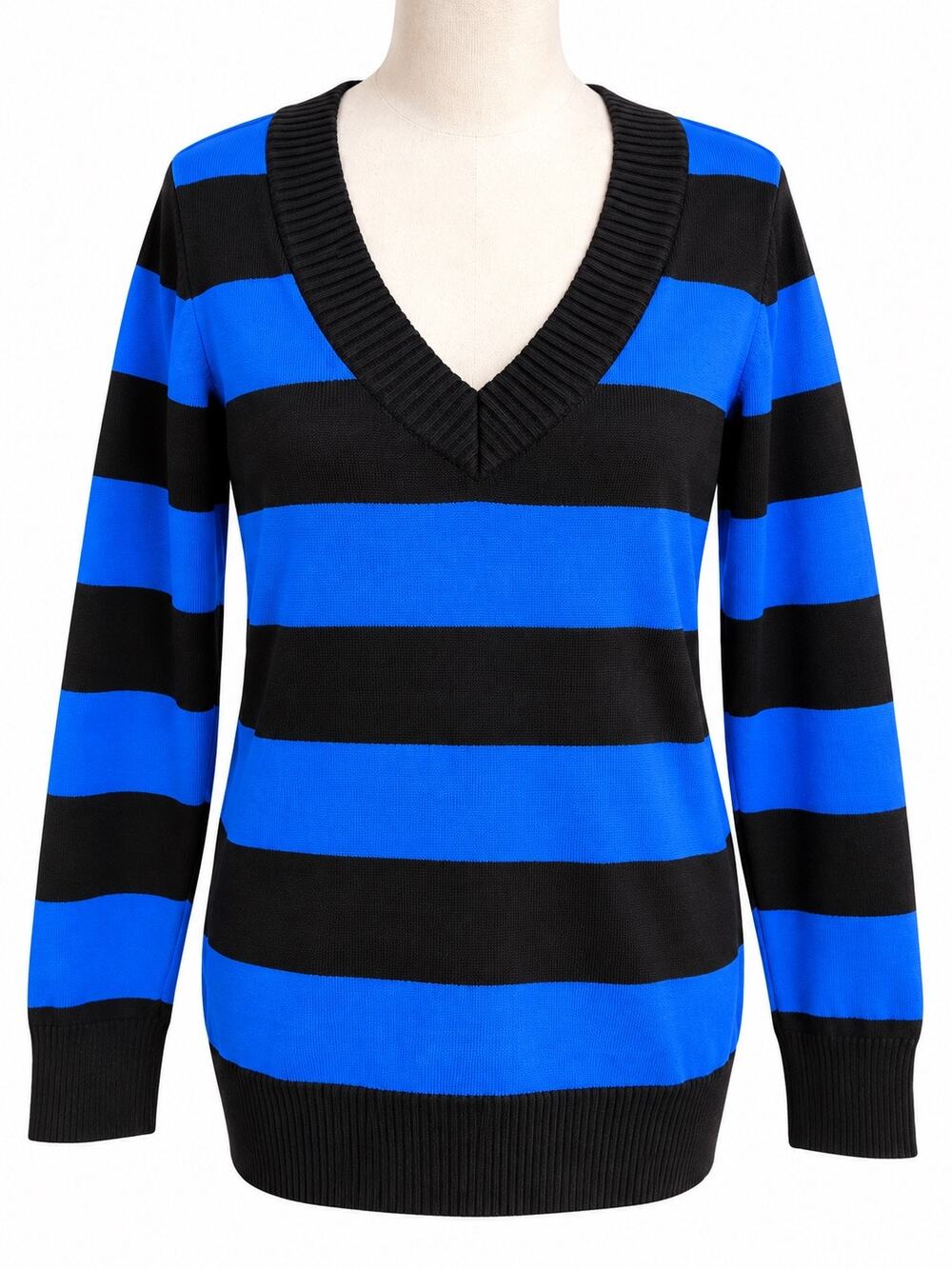 Fang Creek Blue Black Striped V Neck Sweater XL Y2K inspired